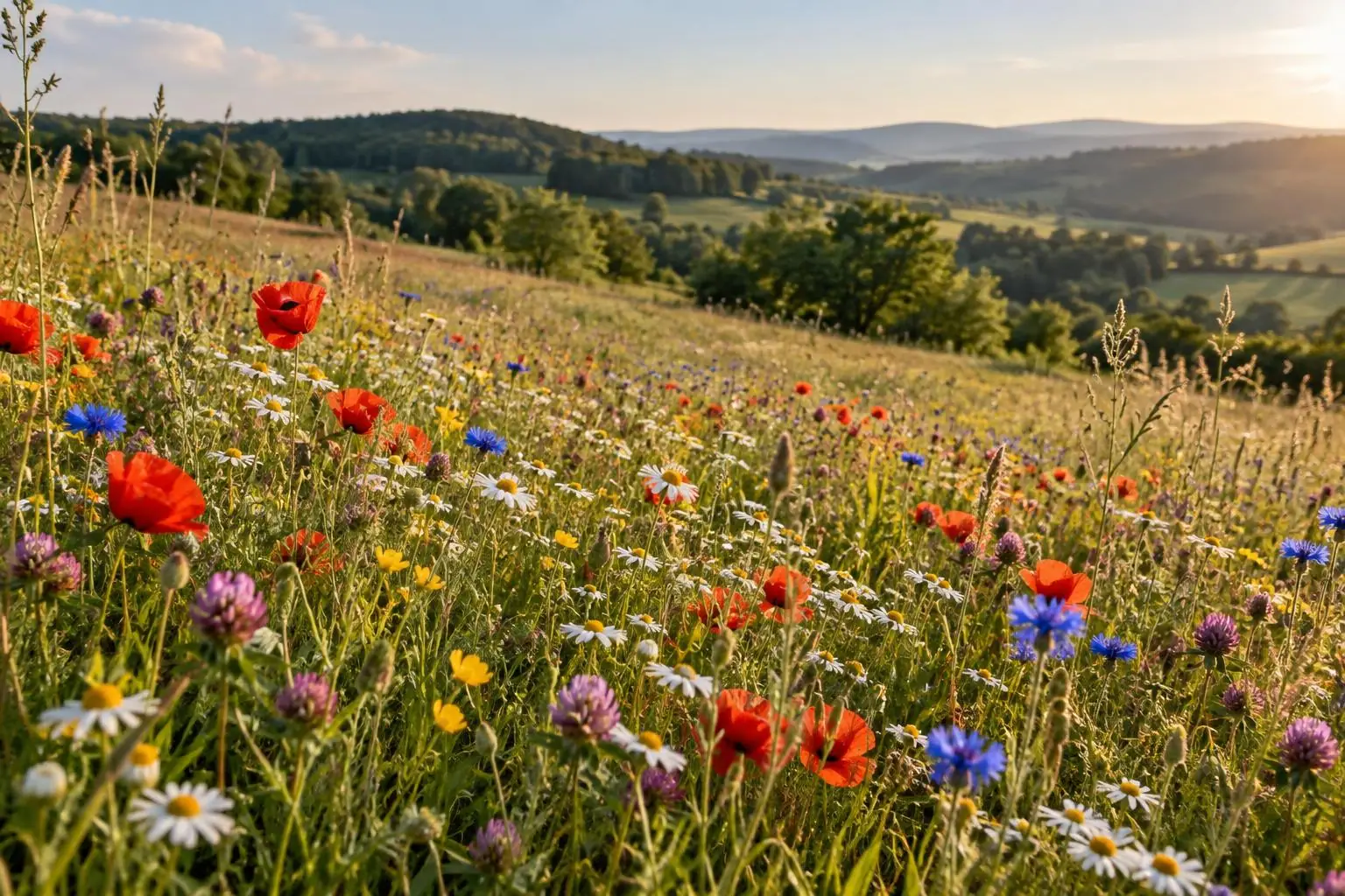 A summer meadow of poppies, cornflowers, clover and daisies.